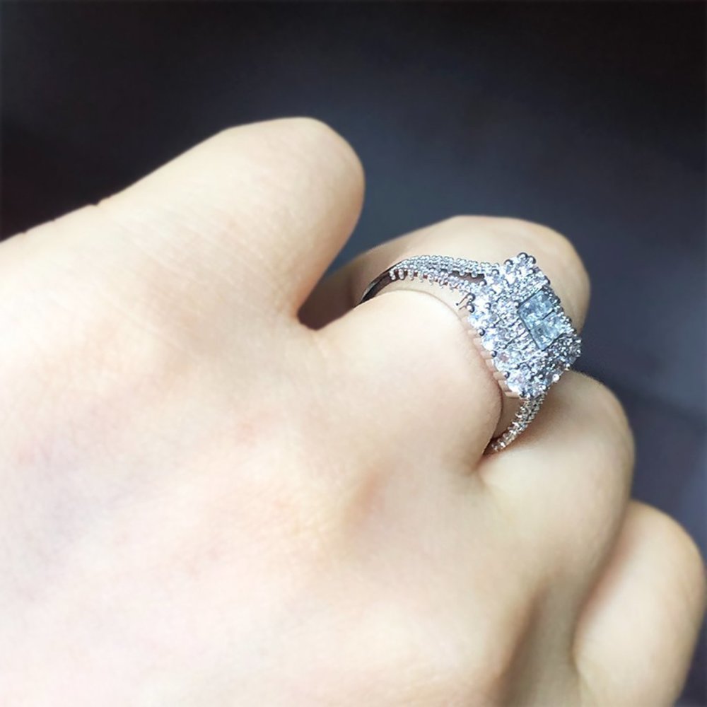 🎀 Double Layer Cross Square Zircon Luxury Wedding Ring for Women, PD361 - Picture 8 of 9
